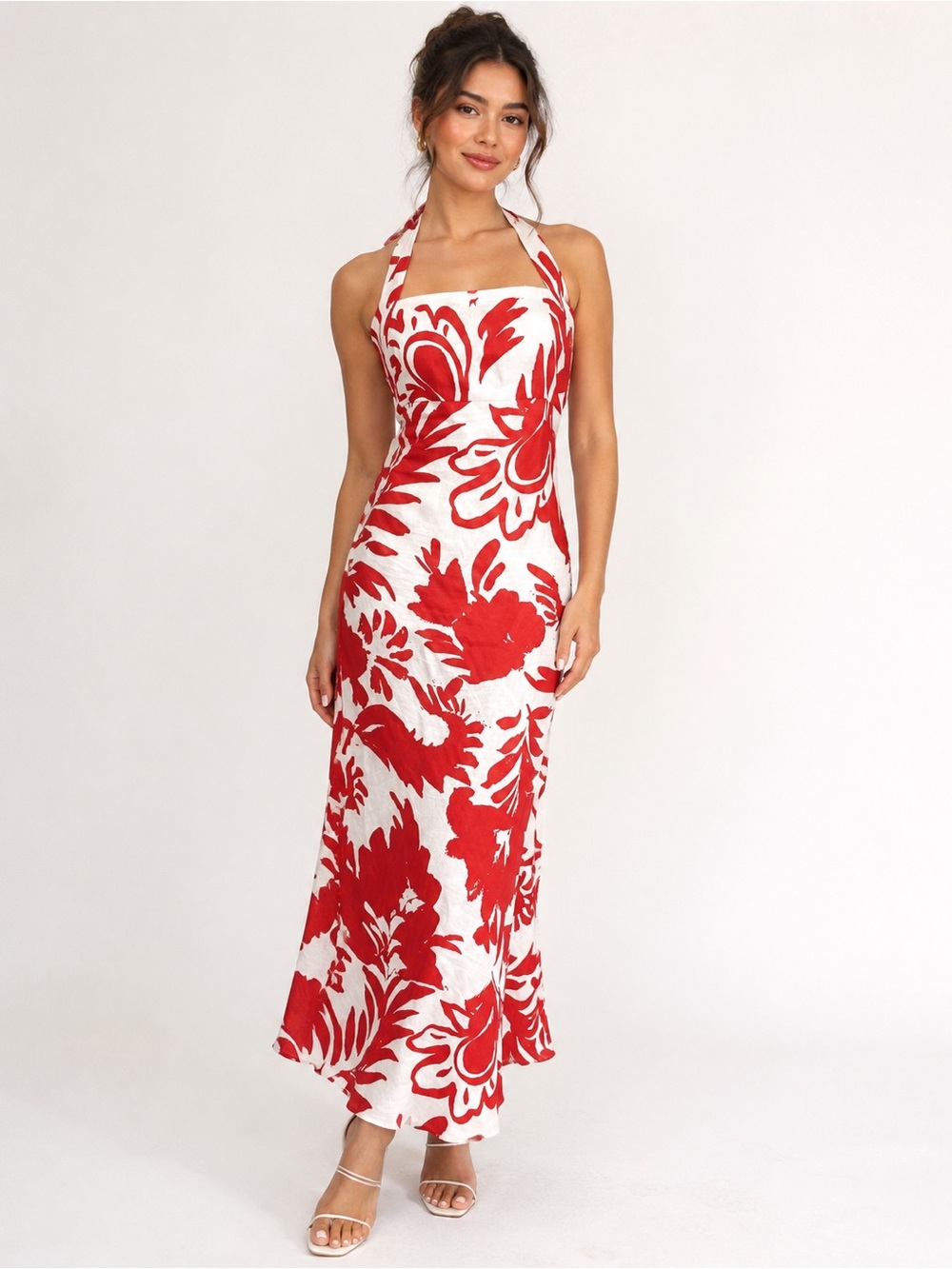 ZARA Tropical White & Red Print Linen Blend Midi Halter Dress - Size XL